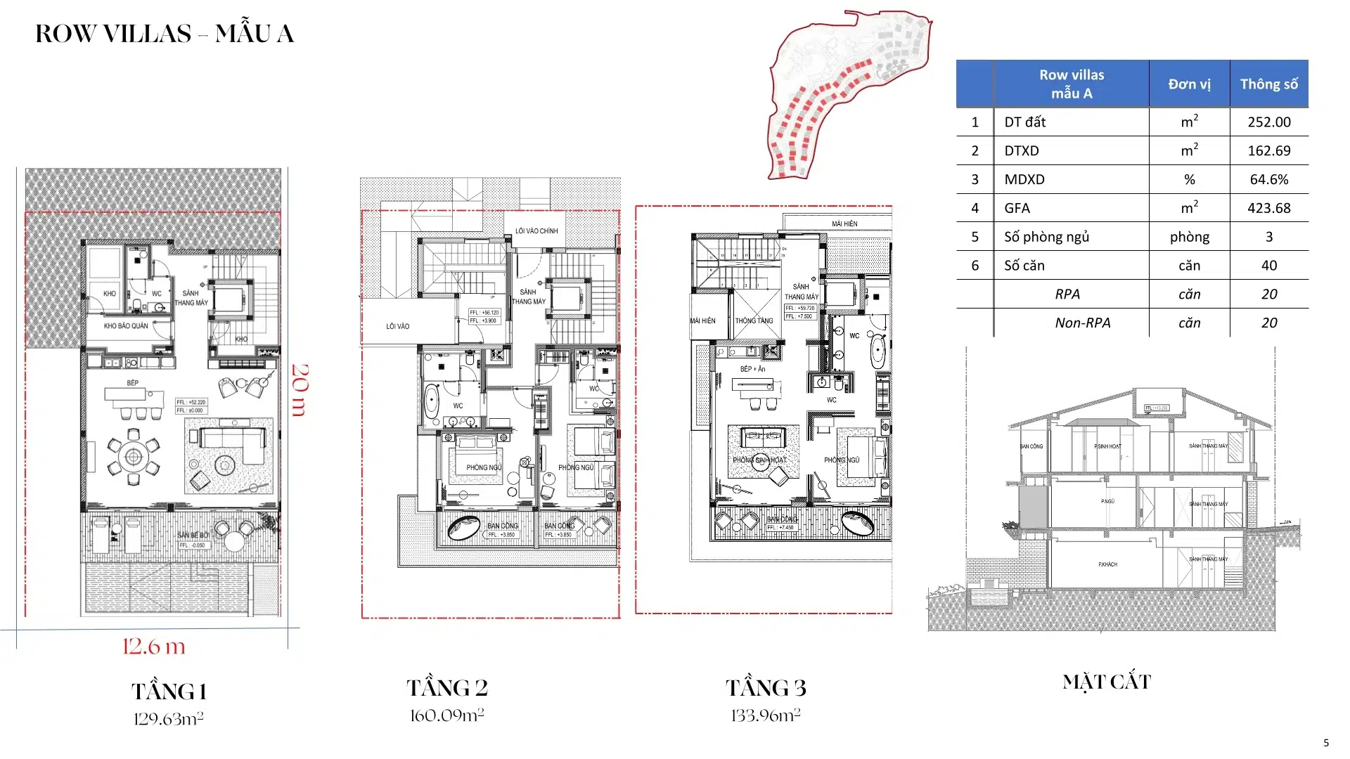 Mặt bằng dãy Row Villa A tại phân khu Camellia Residences, dự án biệt thự Thanh Xuân Valley.