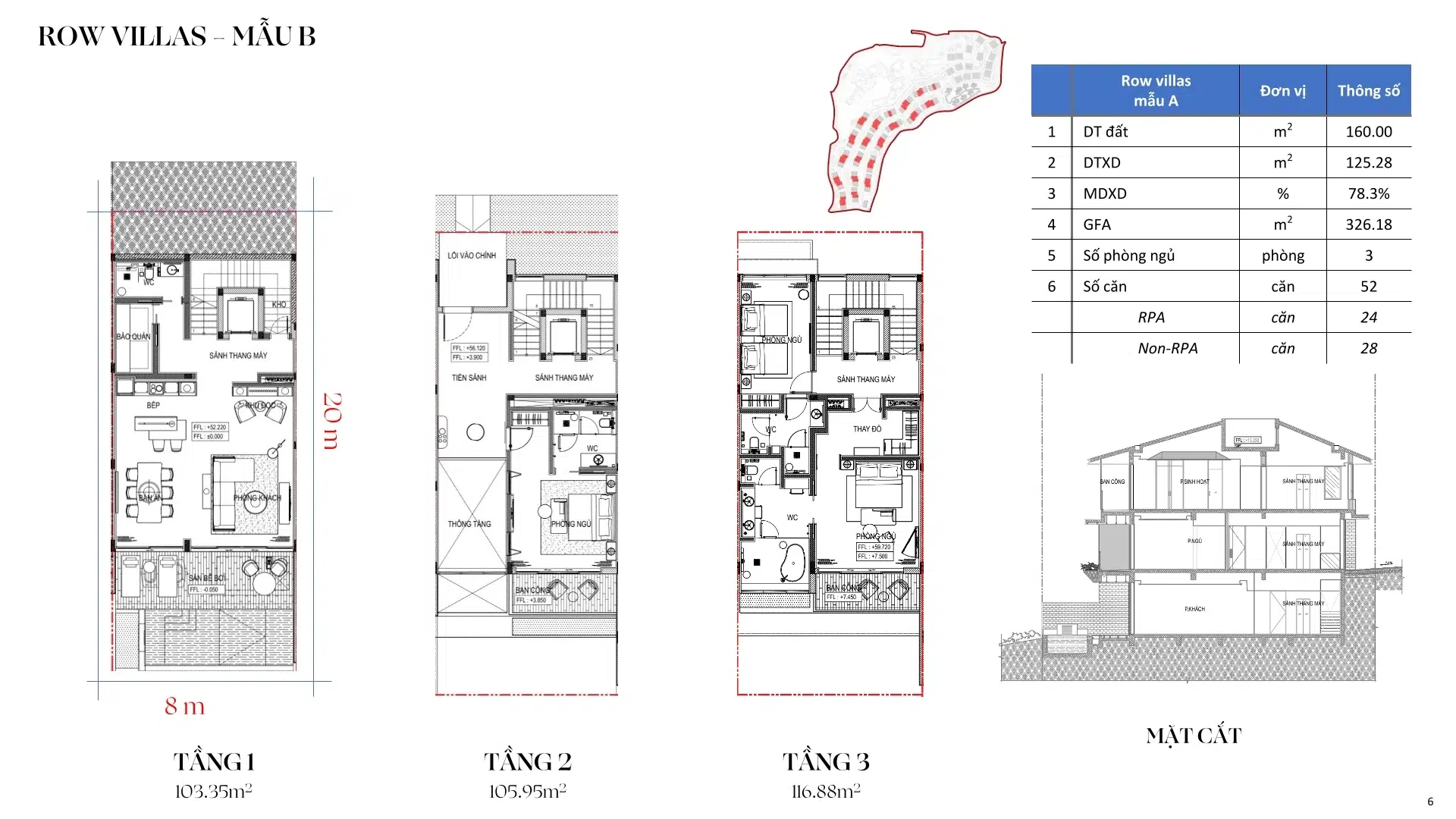 Mặt bằng dãy Row Villa B phân khu Camellia Residences Thanh Xuân Valley — từ tài liệu dự án.