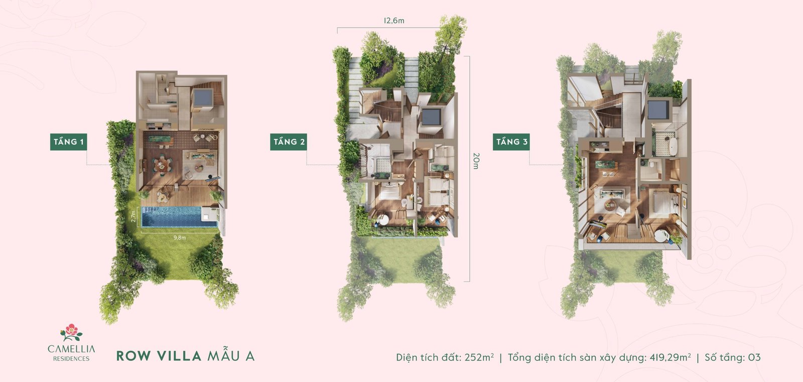 Mẫu thiết kế A row villa phân khu Camellia Residences tại dự án biệt thự Thanh Xuân Valley — từ tài liệu dự án.