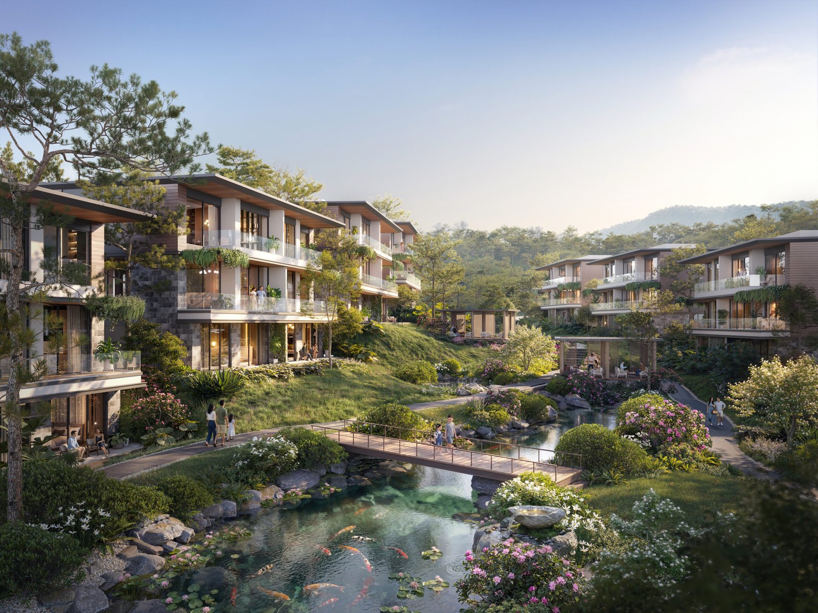 Phối cảnh dãy biệt thự song lập hướng view rừng tại phân khu Lakeside Residences Thanh Xuân Valley