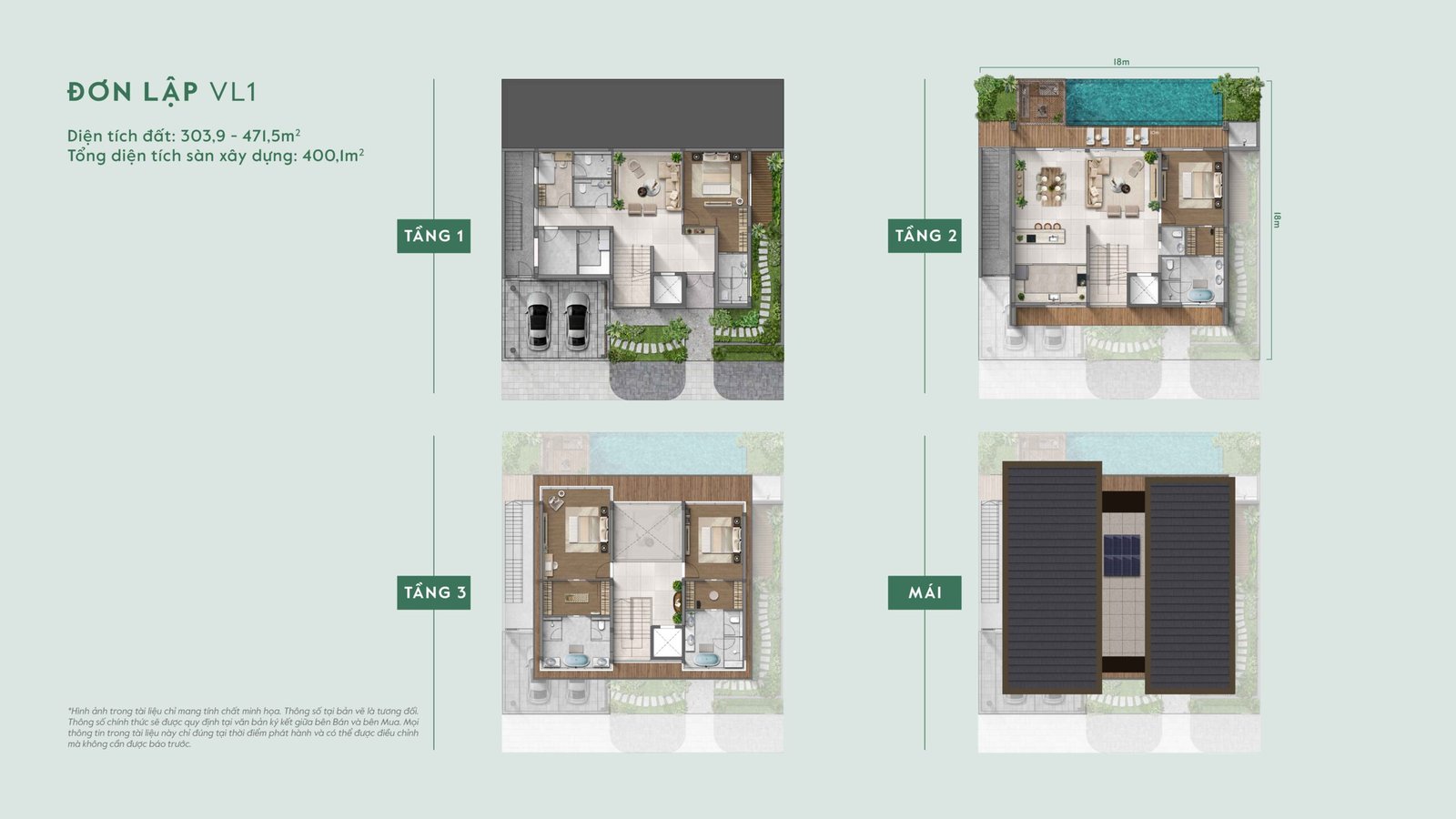 Mẫu thiết kế đơn lập VL1 kích thước lô 18x18m taluy dương — phân khu Lakeside Residences Thanh Xuân Valley.
