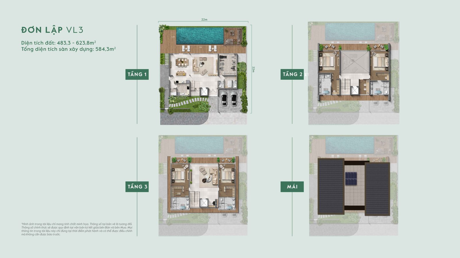 Mẫu thiết kế đơn lập VL3 kích thước lô 22x22m taluy dương — phân khu Lakeside Residences Thanh Xuân Valley.