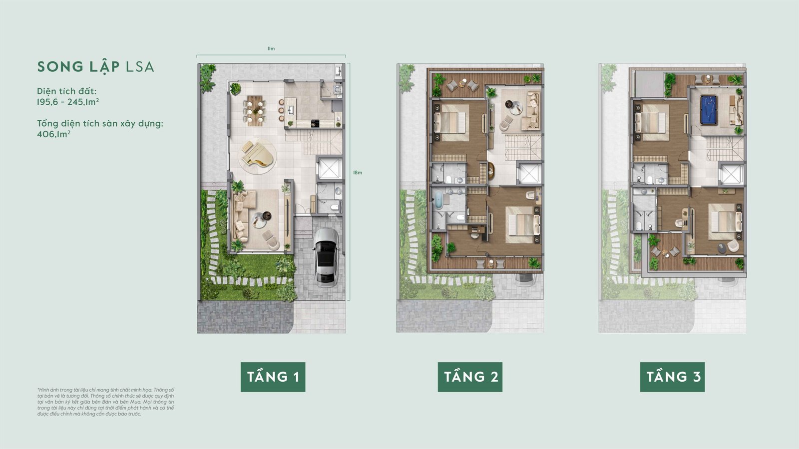 Mẫu thiết kế song lập LSA kích thước lô 11x18m taluy âm — phân khu Lakeside Residences Thanh Xuân Valley.