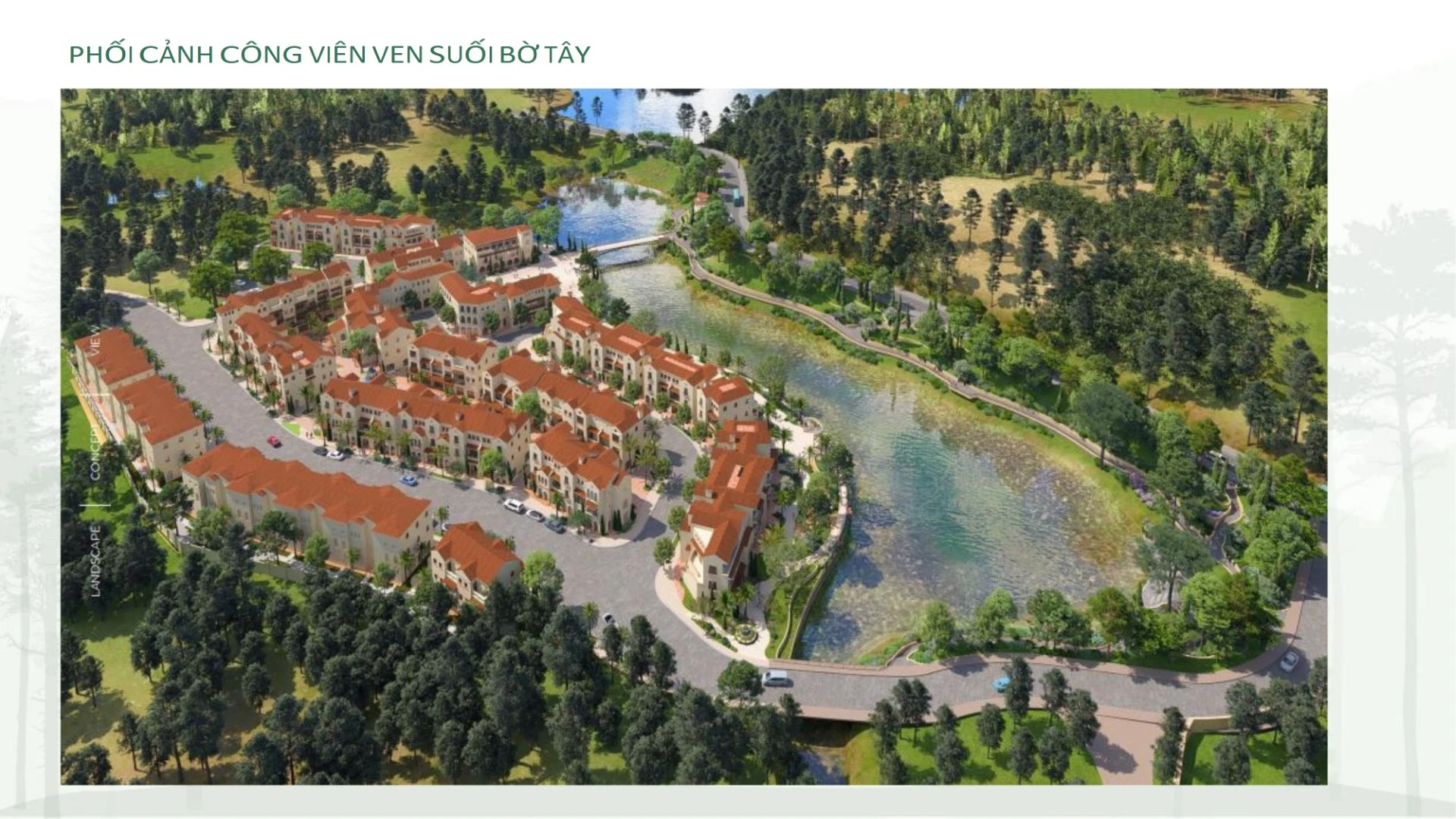 Phối cảnh công viên suối và shophouse Valley Town tại dự án biệt thự Thanh Xuân Valley.