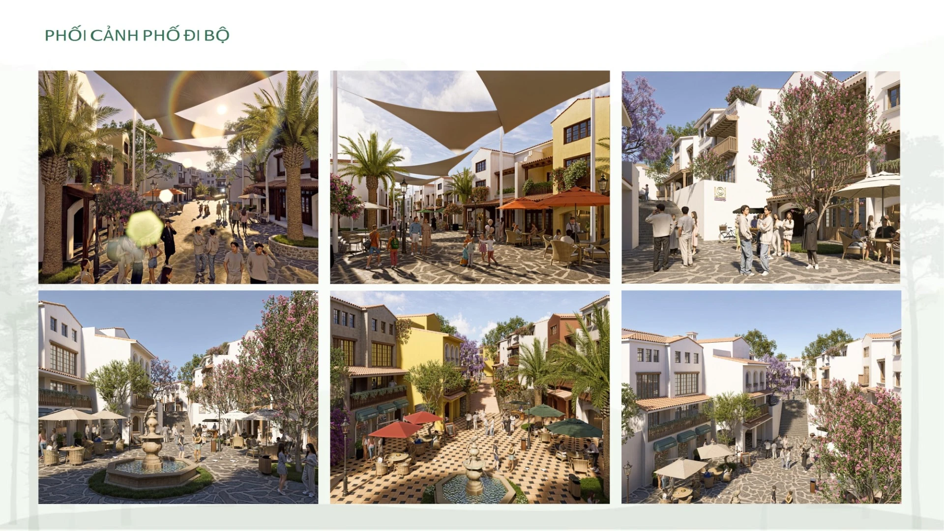 Phối cảnh phố đi bộ shophouse Valley Town tại dự án biệt thự Thanh Xuân Valley theo phong cách Địa Trung Hải.